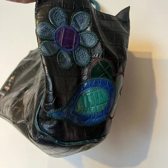 Braccialini Leather Patchwork Embellished Tote Bag Croc Embossed Floral Gem Vtg - Picture 4 of 14